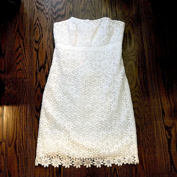 LILLY PULITZER White Strapless Lace Dress With Organza Ribbon Detail Sz 8 - Picture 9 of 9
